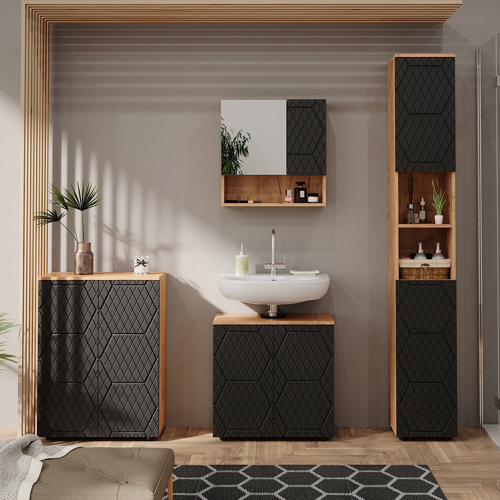 Badmöbelset "Irma" Eiche/Anthrazit 4-teilig Mit Hochschrank Und Kommode Vicco 6 Badmöbelset "Irma" Eiche/Anthrazit 4-teilig Mit Hochschrank Und Kommode Vicco – Bild 4