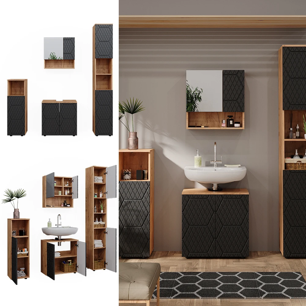 Badmöbelset "Irma" Eiche/Anthrazit 4-teilig Mit Hochschrank Und Midischrank Vicco 4 Badmöbelset "Irma" Eiche/Anthrazit 4-teilig Mit Hochschrank Und Midischrank Vicco – Bild 2