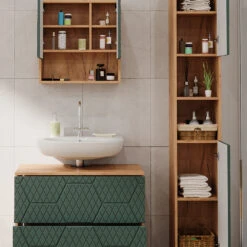 Badmöbel Set "Irma" Grün/Eiche 3 Teile, Mit Spiegelschrank 80 Cm Vicco -Möbel Store m6504 05 ol