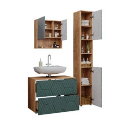 Badmöbel Set "Irma" Grün/Eiche 3 Teile, Mit Spiegelschrank 80 Cm Vicco -Möbel Store m6504 07 ol